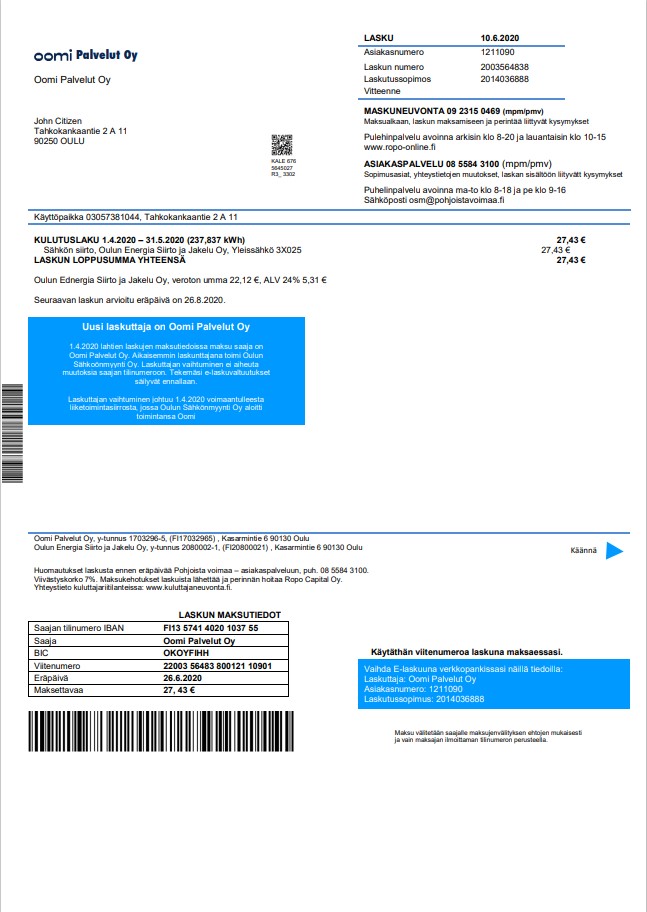 Finland Oomi Palvelut Oy electricity utility bill template in Word and PDF format